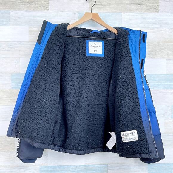 Abercrombie Kids Sherpa Lined Puffer Logo Stripe Jacket Blue Hooded Boys 15 16 - Picture 5 of 9